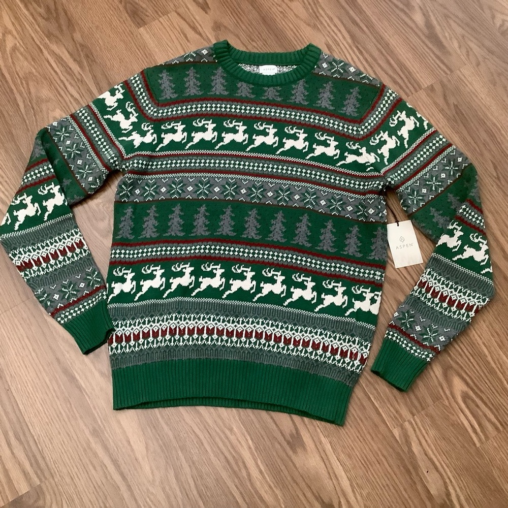 Aspen Men’s Size M Knit Sweater Green Reindeer Christmas Holiday 100% Cotton